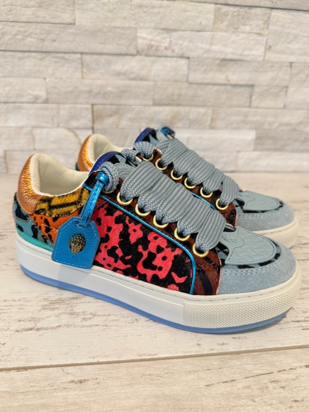 Kurt Geiger London Blue Southbank Tag Genuine Calf Hair Sneaker Sz 35.5EU-5.5US
